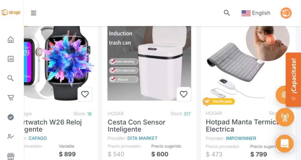 Captura de pantalla del catálogo de productos disponibles en Dropi
