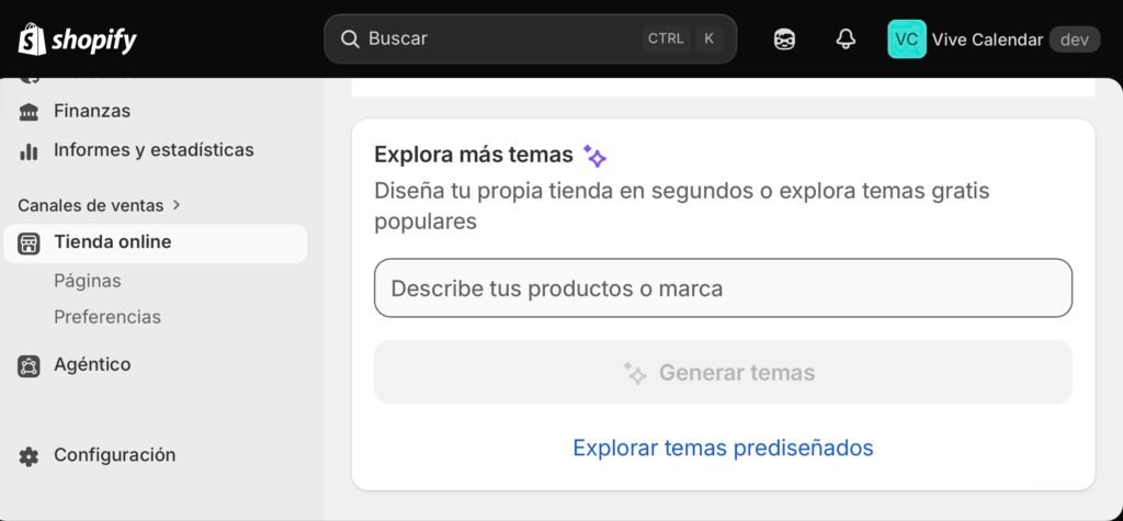 Captura de pantalla del editor de temas de Shopify mostrando opciones de personalización de colores y tipografía