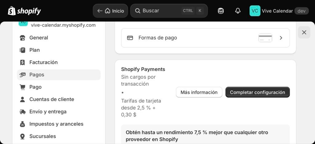 Panel de configuración de pagos en Shopify mostrando Shopify Payments