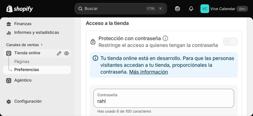 Panel de preferencias de Shopify mostrando la opción para quitar la protección con contraseña