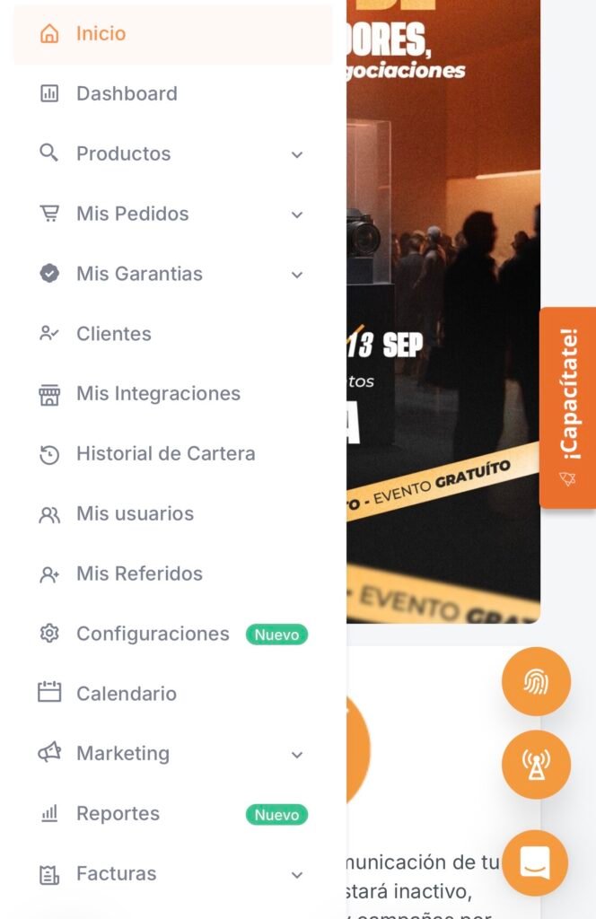 Captura de pantalla del menú lateral del panel de Dropi mostrando las secciones principales