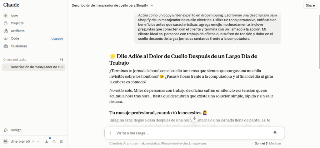 Captura de pantalla de una conversación con Claude generando una descripción de producto