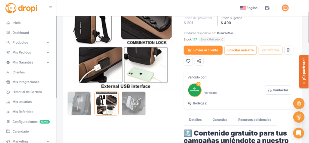 Captura de pantalla de la sección de fotos y videos descargables de un producto en Dropi